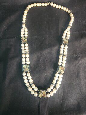Vintage Pearl & Square Laquer Floral Bead Necklace Double Strand Japan 29 Inches